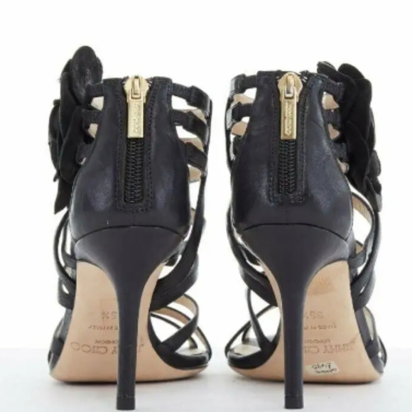 Authentic Jimmy Choo Black Leather Opaque Flower Cage Sandals - Picture 6 of 13
